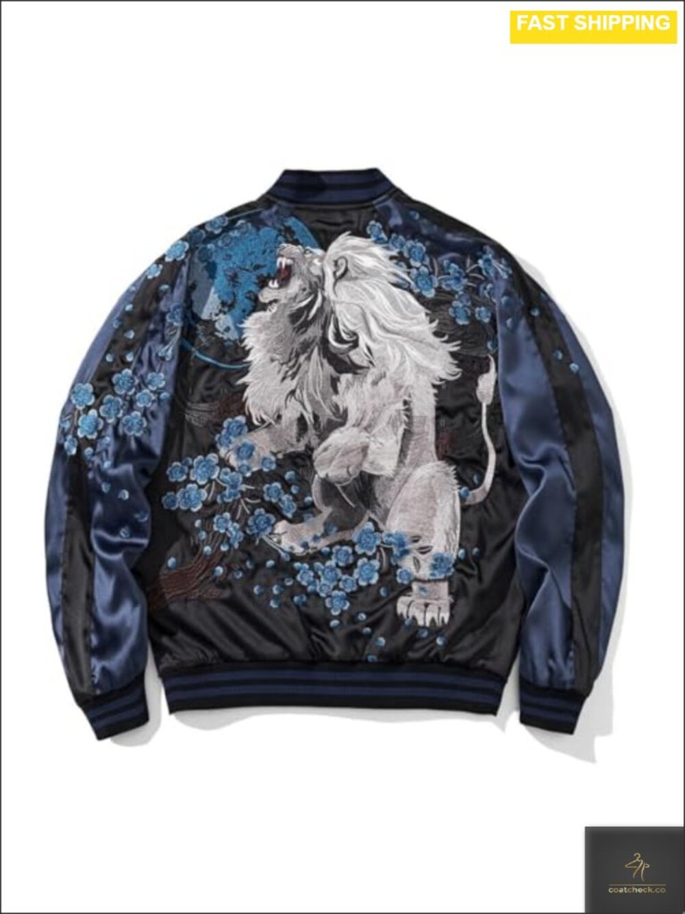 Lion Embroidered Satin Bomber Jacket Reversible Japanese Style